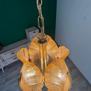 May include: A gold-toned chandelier with a chain and five frosted glass flower-shaped shades.