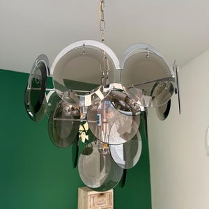 Vintage Vistosi Smoked Glass Disc Chrome Chandelier/Mid Century Italian Glass Disc Light 70s/Space Age Vistosi Hanging Lamp/Modern Light