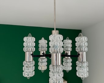 MCM Kaiser Chrome and Crystal Chandelier/Vintage Kaiser Leuchten/Mid Century Light/Modern Kaiser Lamp/Space Age 70s/Sputnik Modern Lamp