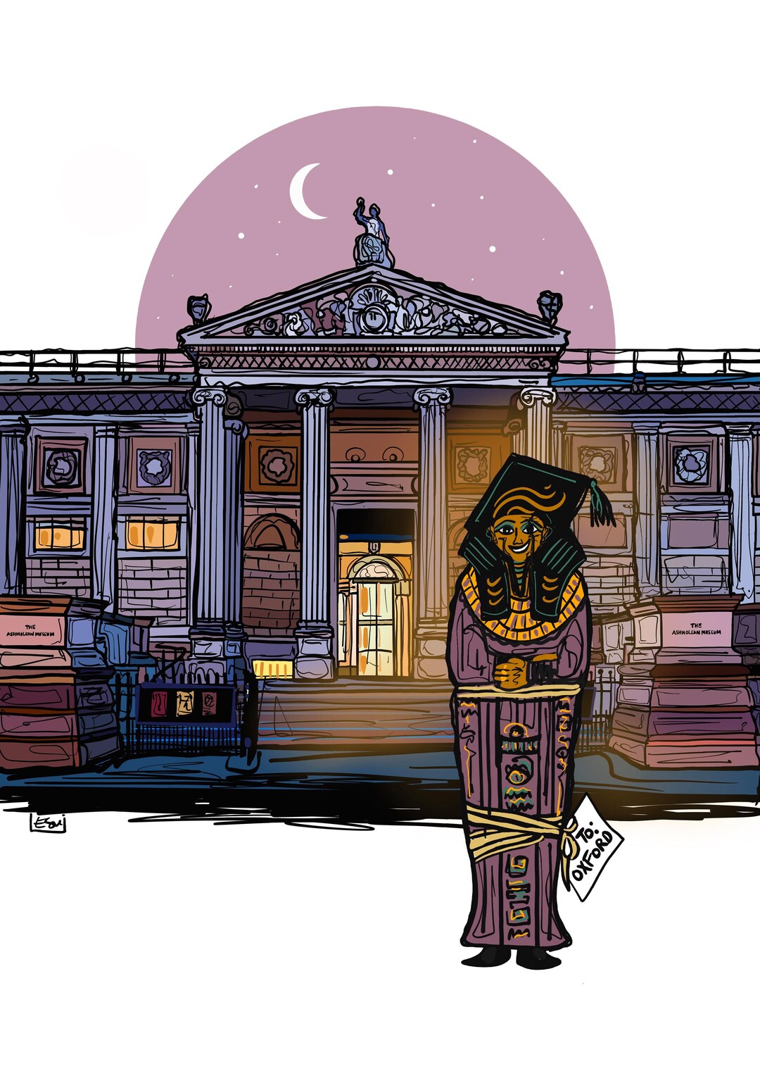 Ashmolean Mummies Ashmolean Museum Mummy Print – Oxford Art Illustration, Moonlit Night ...