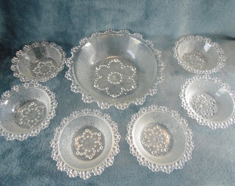 Italy Bubble Lace Masserini large Glass bowl with 6 dessert bowls 1970s