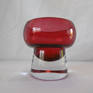 1940s Cranberry glass rose bowl on clear glass base
