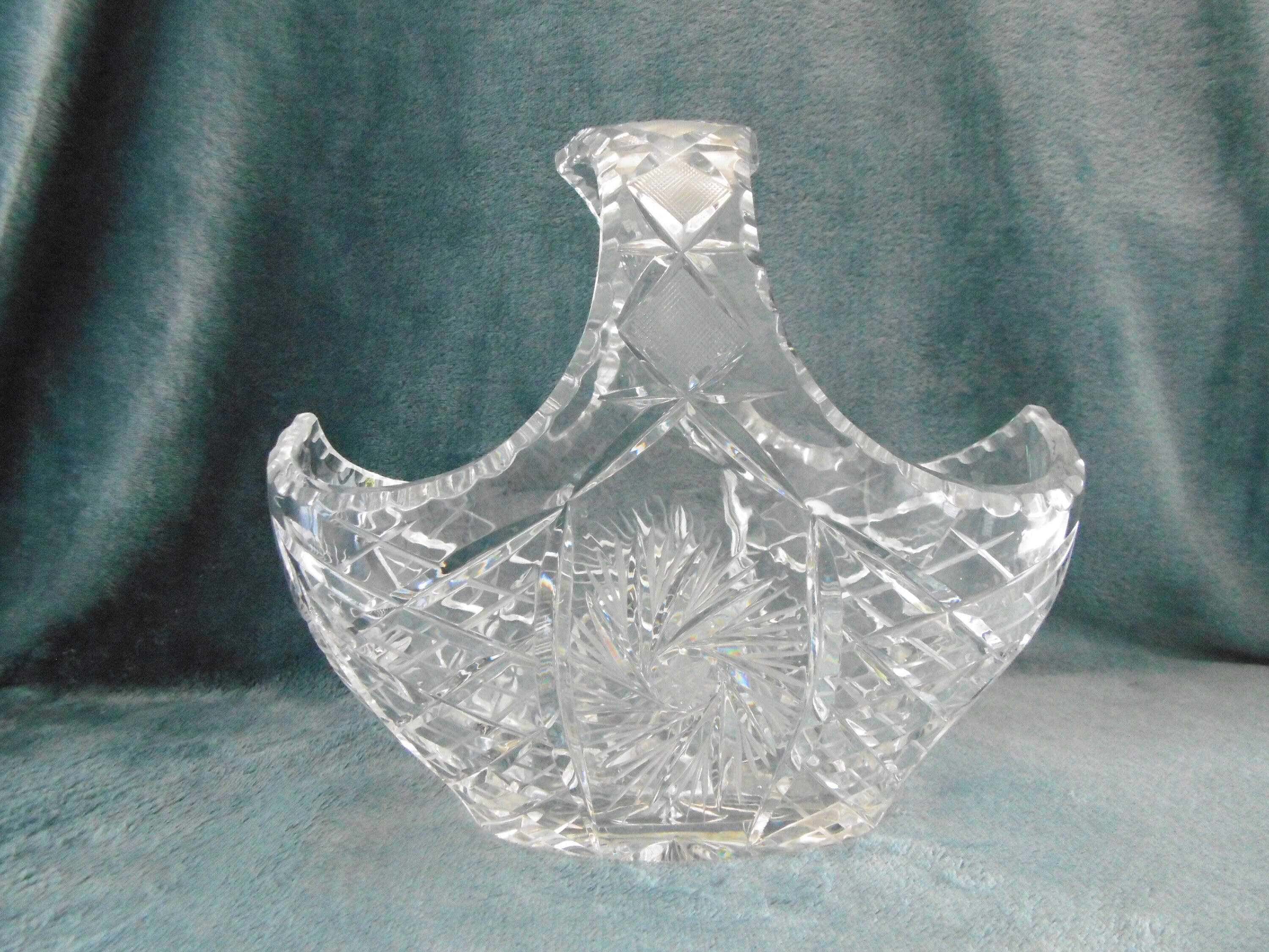 Vintage Heavy Large Lead Crystal Basket With Handle 7 Tall x 8.25