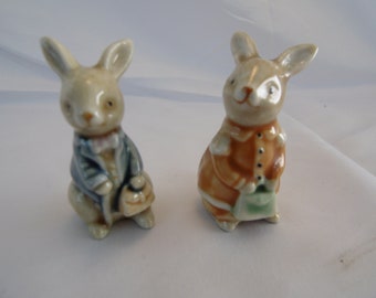 Boy and Girl bunny rabbit ceramic figurine - 1960s