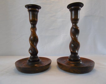 Oak Barley Twist Candlestick holders with a brass top 1880s