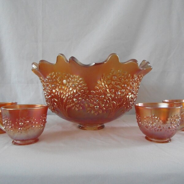 Carnival Glass "Orange Tree" Punch Bowl en 4 glazen, jaren 30