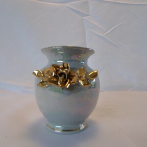 Iridescent mini bud vase with applied flowers 1940s