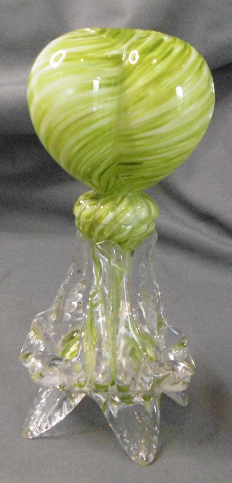 Franz Welz Uranium Green Glass Tri Lobed Heart Vase With White