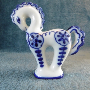 Gzhel Porcelain Horse Figurine Blue and White Moscow USSR 1980s