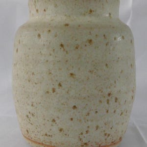 May include: A speckled, off-white ceramic vase with a rounded body and a slightly flared rim. The vase has a textured surface with small brown spots. The base has a thin, reddish-brown band.