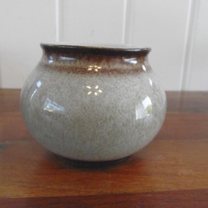 May include: A small, round ceramic vase with a speckled grey body and a dark brown rim. The vase has a smooth, glossy finish and sits on a wooden surface. The design is simple and elegant, suitable for displaying small flowers or decorative items.