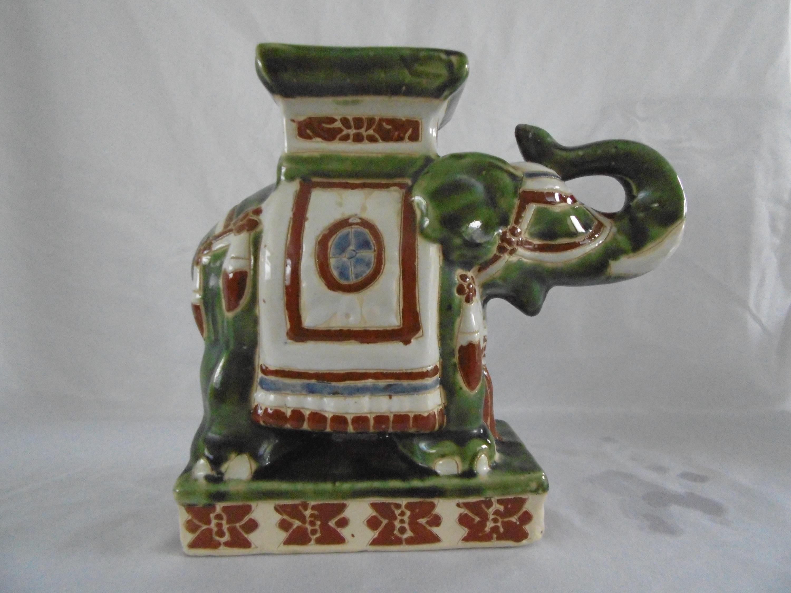 Cendrier Ou Porte-Plante Éléphant En Céramique Polychrome Bleu - Sculpture Vintage - France