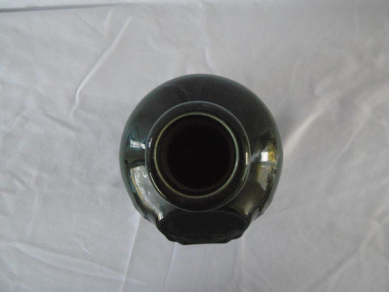 May include: A dark green ceramic vase with a wide opening and a smooth, rounded body. The vase has a glossy finish and a simple, elegant design.