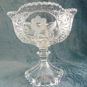 Crystal pedestal Compote Bowl - ruffle edged, etched glass decoration 1880s