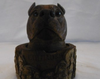 1880 Black Forest hand carved Bulldog Inkwell with Glass Eyes