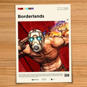 May include: A poster for the video game Borderlands. The poster features a muscular character wearing a white and tan mask with glowing blue eyes. The background is red with a futuristic scene. The game's title is at the top.