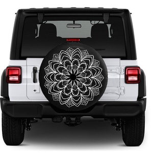White Mandala Outline Design Tire Cover with Backup Camera Hole