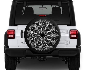 White Mandala Outline Design Tire Cover with Backup Camera Hole