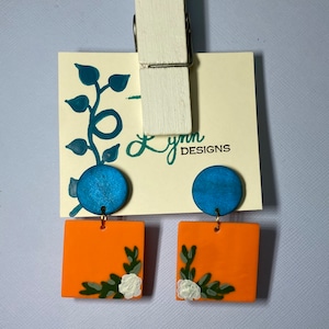 Handmade Polymer Clay Shimmer Teal and Orange Hand Painted Floral Statement Earrings