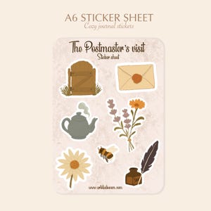 Pegatinas de diario acogedoras de estilo cottagecore: Hoja imprimible A6 con temática de flores y escritura - Visita del administrador de correos