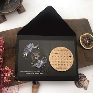 Personalized Save the date Calendar magnet + Card + Envelope, Laser Engraved Wood Wedding Magnet, Wooden Circle Save the Date