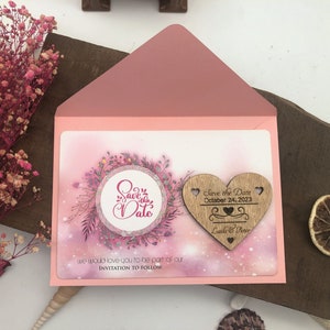 Gekleurde kaart rustiek bewaar de datums, gebladerte botanische kaarten, roze kleurenkaart, roze bewaar de datum, roze bruiloft, aangepaste bewaar de datum