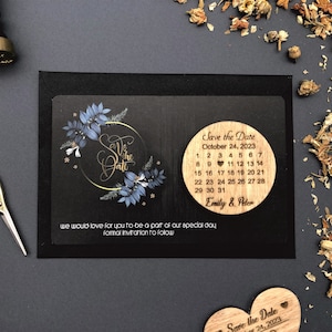 Zwarte stoffige blauwe bloem bewaar de datum, bewaar de datummagneet + kaart + gratis envelop, gepersonaliseerd bewaar onze datum, Art DEco bewaar de datum