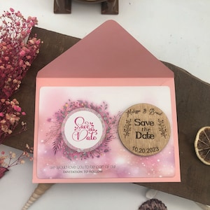 Gekleurde kaart rustiek bewaar de datums, gebladerte botanische kaarten, roze kleurenkaart, roze bewaar de datum, roze bruiloft, aangepaste bewaar de datum