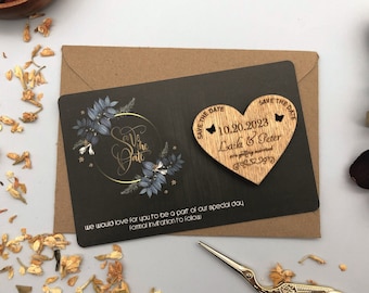 Save The Date Wedding Magnets, Wooden Save The Dates, Rustic Wooden Heart Save The Dates, Unique Wedding Announcement, Free Envelope