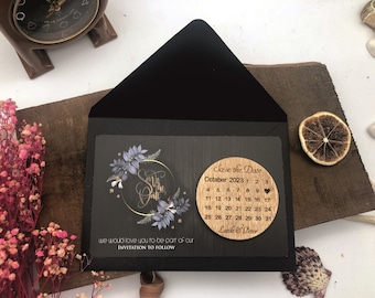 Personalized Save the date Calendar magnet + Card + Envelope, Laser Engraved Wood Wedding Magnet, Wooden Circle Save the Date