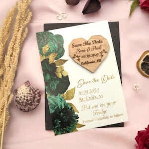 Groen gebloemde save the date, houten save the date-magneet, bloemenkaart + magneet, gratis envelop, boho hart lente, save the date-magneet