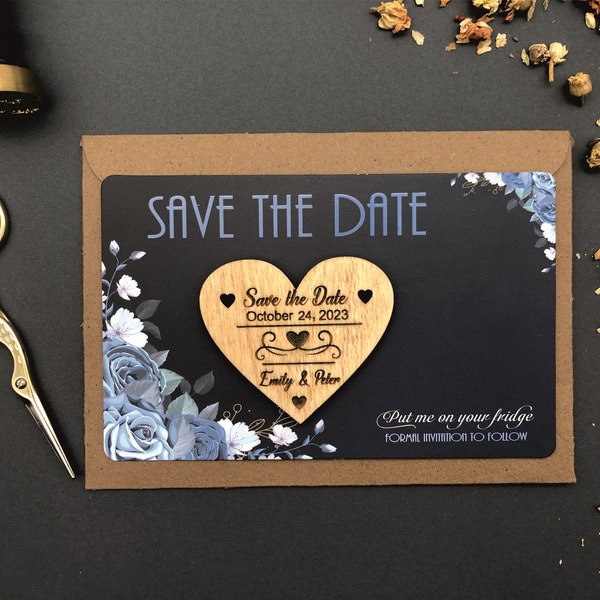 Navy Blue Save the Date, Blush and Navy Blue Wedding invitation Card + Magnet and Free Blue Envelope, Save The Date Magnet with Cards
