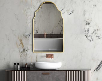 ゴールドアーチミラー、バスルーム用化粧鏡、モダンな壁掛け鏡、非対称ミラー、真鍮フレームミラー、高級バスルーム装飾