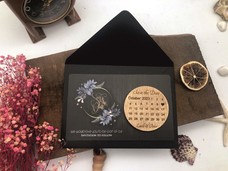 Personalized Save the date Calendar magnet + Card + Envelope, Laser Engraved Wood Wedding Magnet, Wooden Circle Save the Date