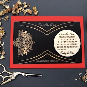 Personalisierter Save the date Kalender Magnet + Karte + Umschlag, Laser gravierter Holz Hochzeitsmagnet, Holzkreis Save the Date