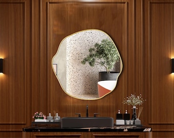 Modern Vanity Wall Decor, Organic Irregular Mirror, Gold Frame,