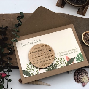 Enregistrer les dates personnalisées avec enveloppe, aimants de mariage en bois personnalisés, calendrier personnalisé en bois enregistrer l'aimant de date
