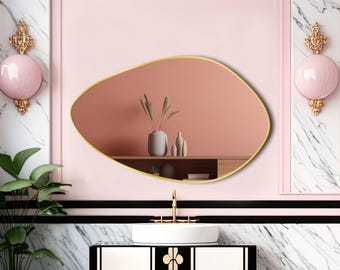 Asymmetrical Organic Shaped Mirror for Wall, Irregular Pebble Wall Mirror with Gold Wooden Frame, Handcrafted Vanity Mirror for Living Room