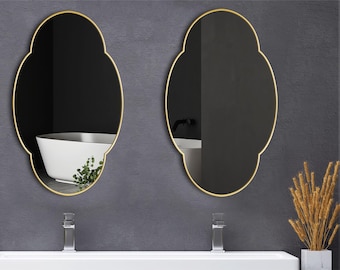 Espejo de baño moderno, espejo de forma orgánica, espejo de tocador doble, espejo con marco dorado, espejo de pared de lujo, decoración de espejo asimétrico