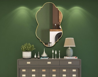 Vanity Mirror, Organic Shape Mirror, Asymmetrical Bathroom Mirror, Modern Wall Mirror, Gold Frame Mirror, Contemporary Home Decor