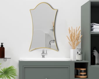 Organischer Spiegel, moderner Badezimmerspiegel, Wandspiegel mit Goldrahmen, asymmetrischer Spiegel, minimalistischer Kosmetikspiegel, zeitgenössisches Wohndekor