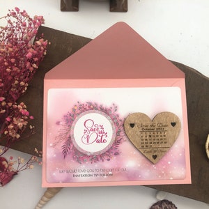 Salva le carte data, salva le date, unico salva la data, matrimonio rustico, cuore di legno salva la data, carta rosa salva la data