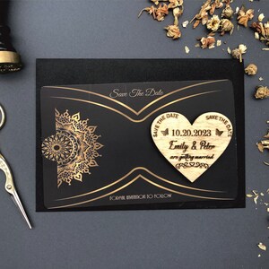 Mandala patroon zwarte kaart, bewaar de datummagneet + kaart + gratis envelop, gepersonaliseerde bewaar onze datum, huwelijksaankondigingskaarten en magneet
