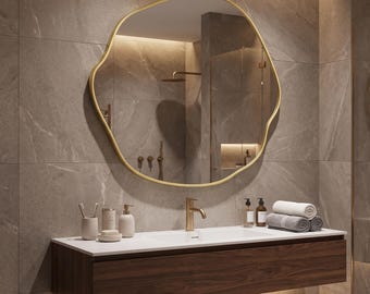 Organic Irregular Wall Mirror, Asymmetrical Wood Frame, Bathroom Vanity and Entryway Decor