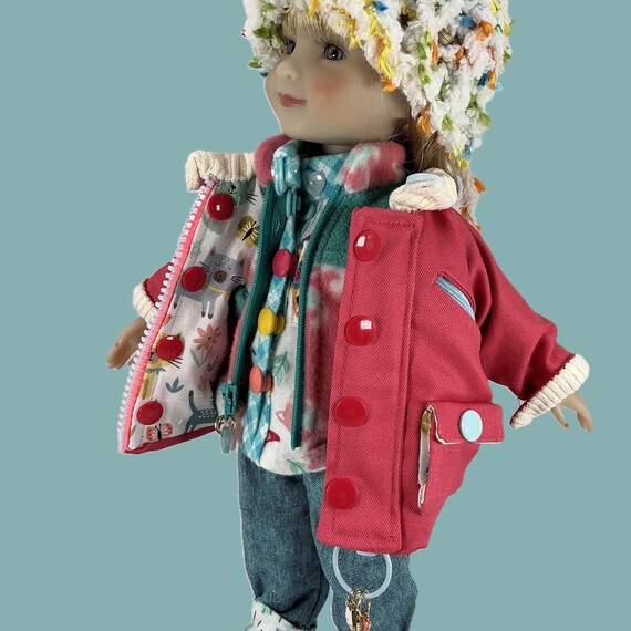 Punch Pink & Teal BARN JACKET Outfit - Doll Clothes for 15” doll like Ruby Red