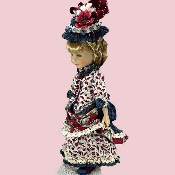 Historical Bustle Dress - Red Navy Bird Print - Doll Clothes Outfit for 15” Doll like Ruby Red