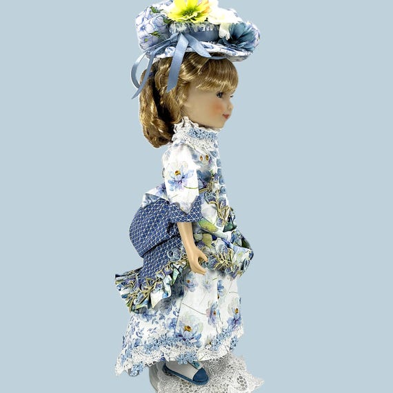 Blue Floral Historical Bustle Dress - Doll Clothes Outfit for 15” Doll like Ruby Red