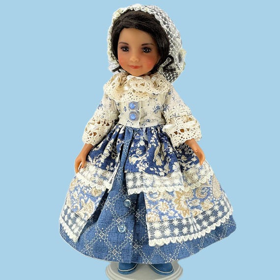 1800 SOMETIME BLUE Floral & Lace Dress - Doll Clothes Outfit for 15” Doll like Ruby Red