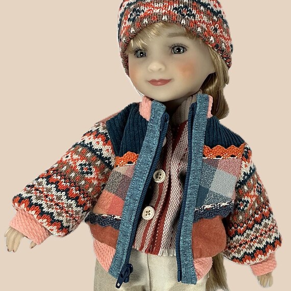 Apricot, Oat, and Teal Patched Bomber Jacket Outfit - Doll Clothes for 15” doll like Ruby Red