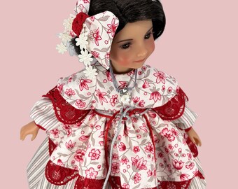 Stripes Flowers & Lace Dress - Doll Clothes Outfit for 15” Doll like Ruby Red